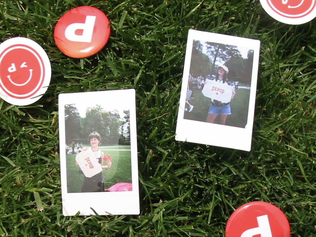 picture of 2 polaroids with depop branded pins around it