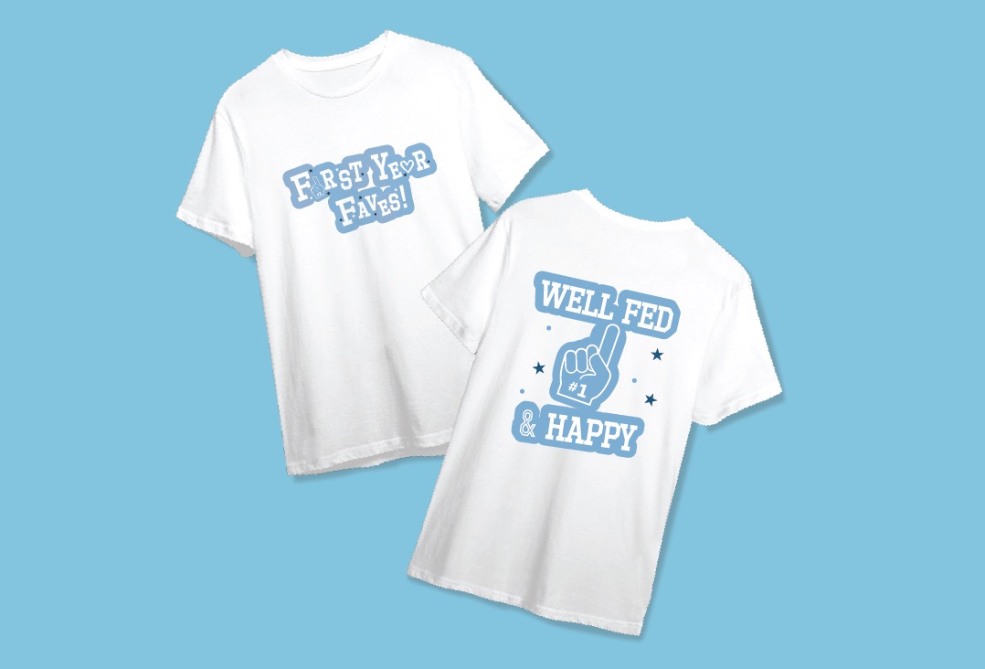 mockup of t-shirt that says first year faves on it