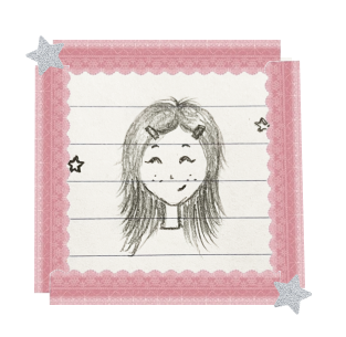 Doodle image of Ava West, surrounded by a pink lace graphic and silver glitter stars.